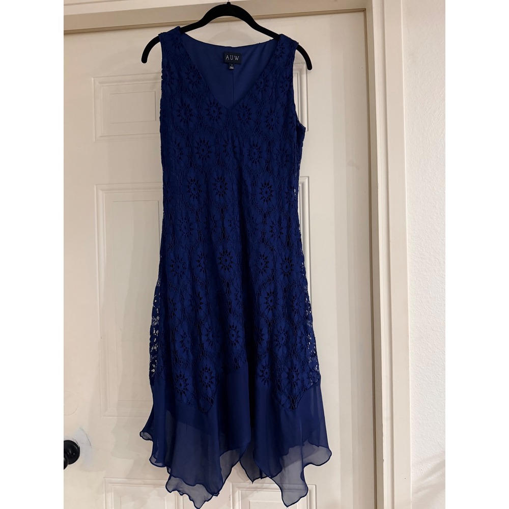 AUW Royal Blue Lace Handkerchief Hem Midi Dress Womens Sz 8 V-Neck - Picture 5 of 8